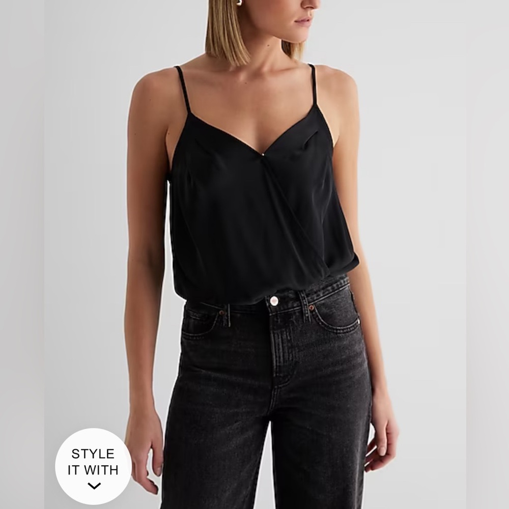 New Satin Pleated Faux Wrap Cami Bodysuit s black express
